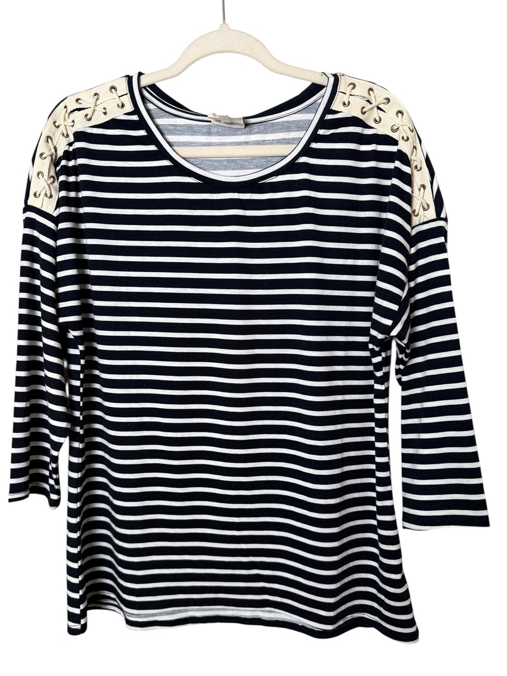 Truself Medium Striped Navy & Cream Lace-Up Shoulder Long Sleeve Tee